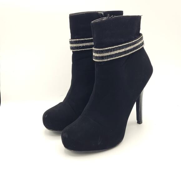 Madeline Stuart Shoes - Madeline Stuart black suede heels ankle booties rhinestone strap women's size 8